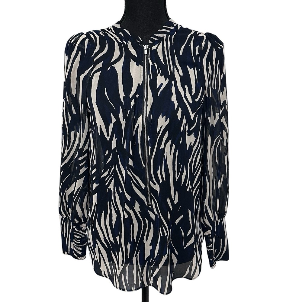 Mint Velvet Zebra Print Sheer Blouse With Zipper Black Cream Blue Women's Size 4